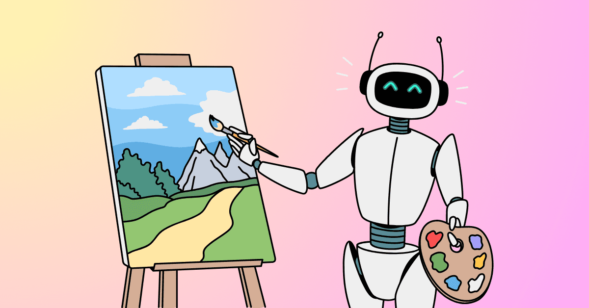 robot making ai art of mountains on a canvas