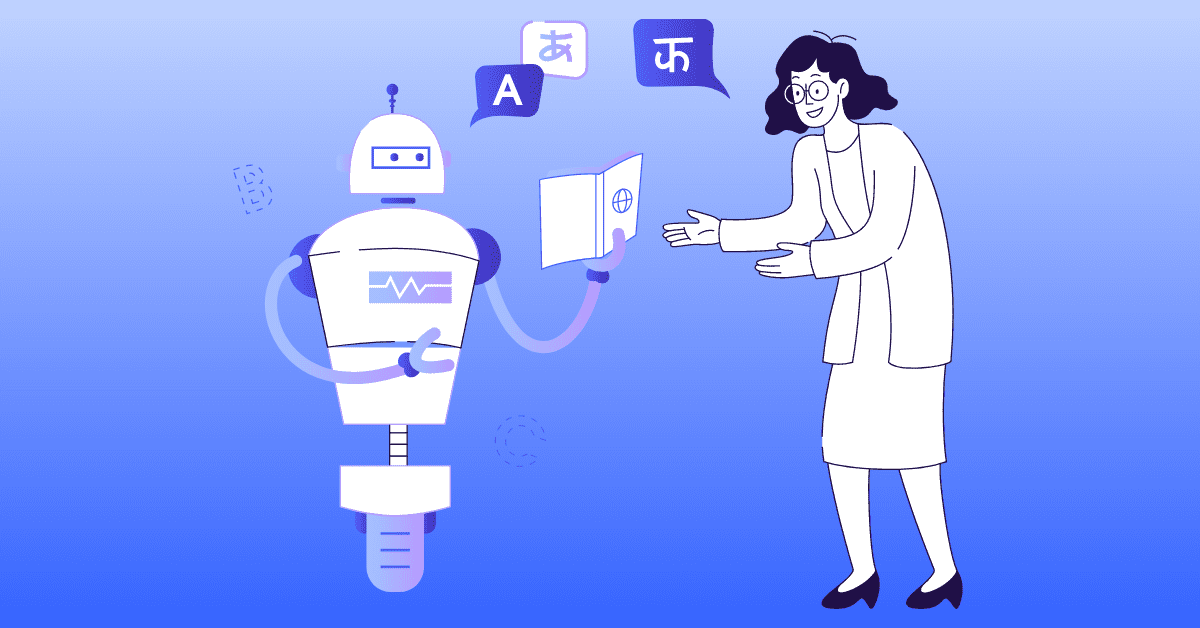 An illustrated woman is being helped by an AI translator.
