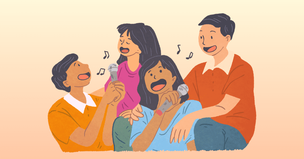 A group of four illustrated people singing together