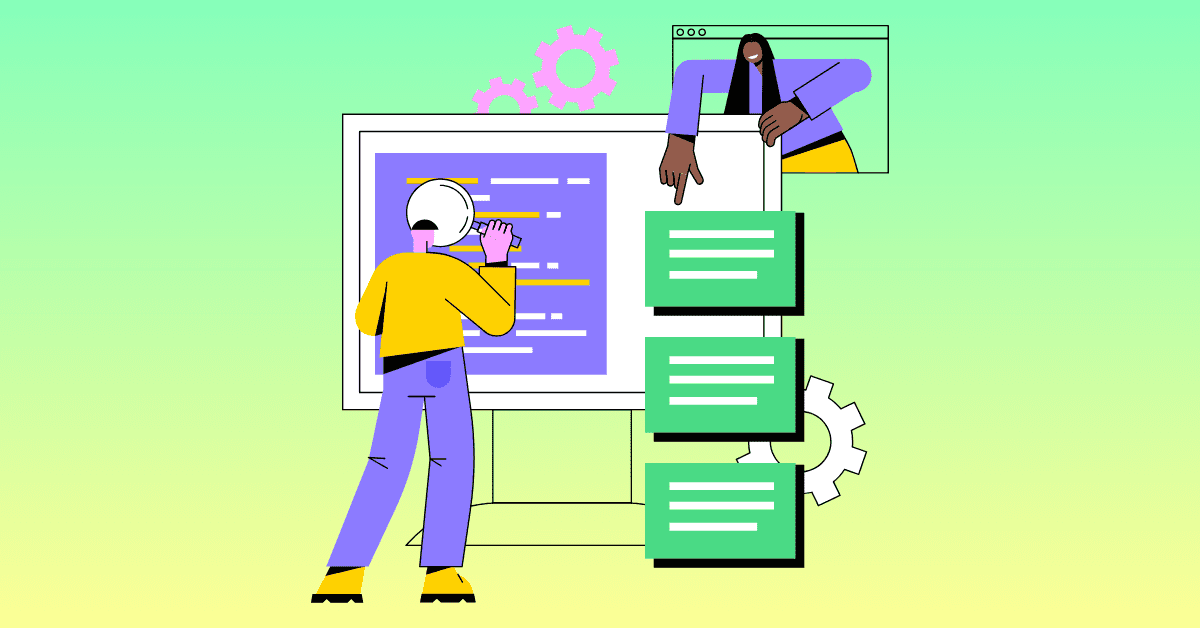 Ilustration of a person wearing a yellow jumper and purple pants researching