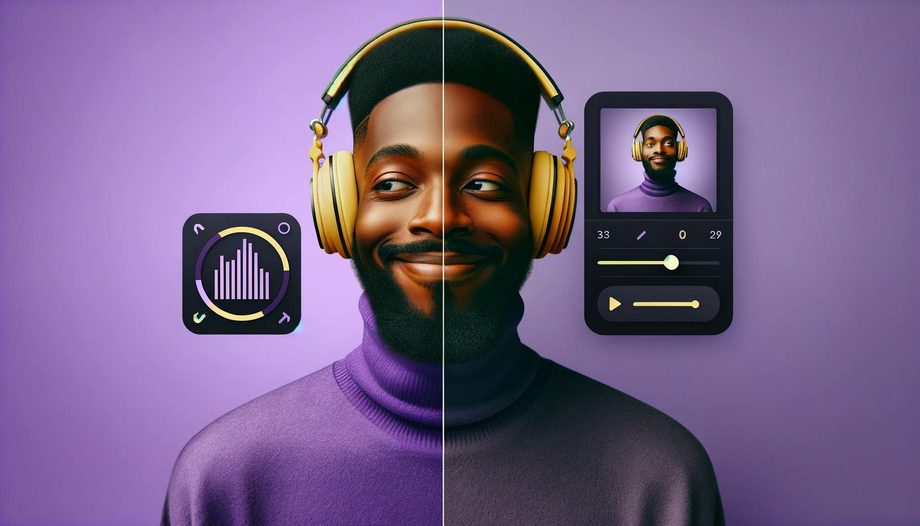 smiling person with headphones and different video editing tools around him