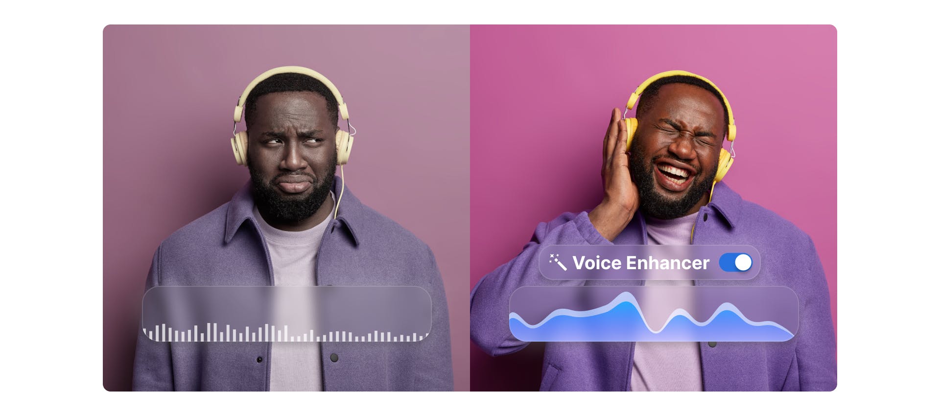 one man in two frames wearing headphones and being happy when voice enhancer button is turned on