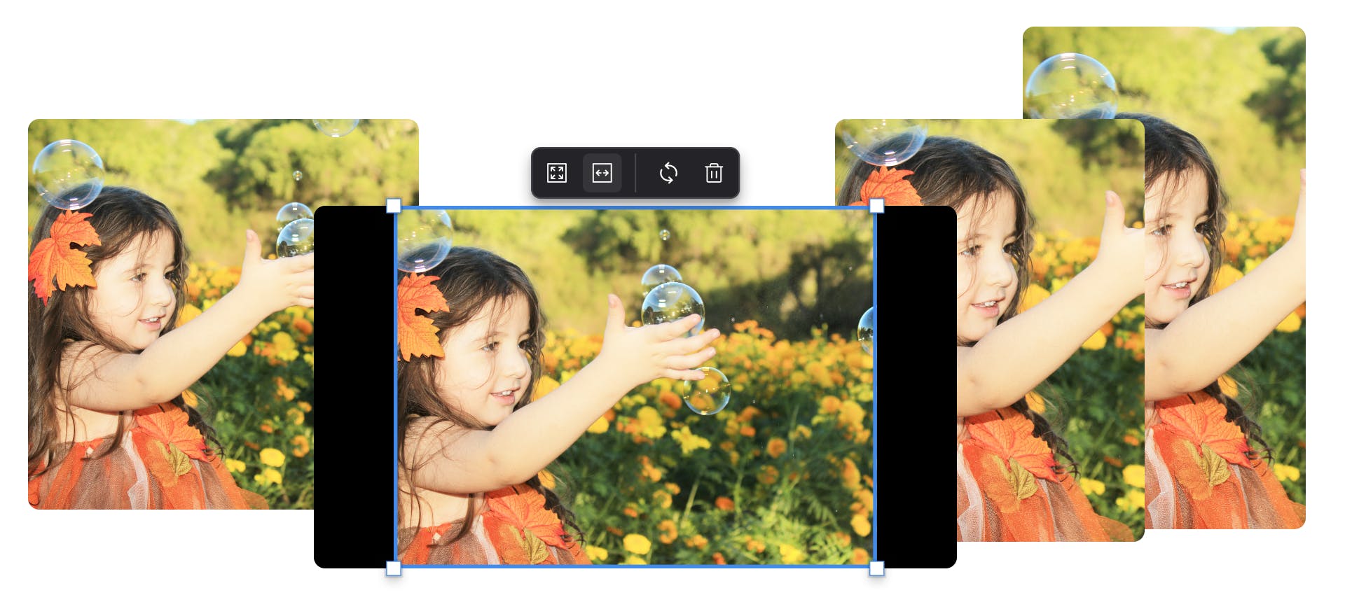 screenshot of little girl playing with soap bubbles in the flower field and a resizing tool shown