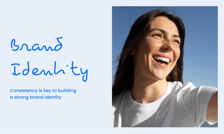 brand identity slide with text on the left side and an image of a women on the right