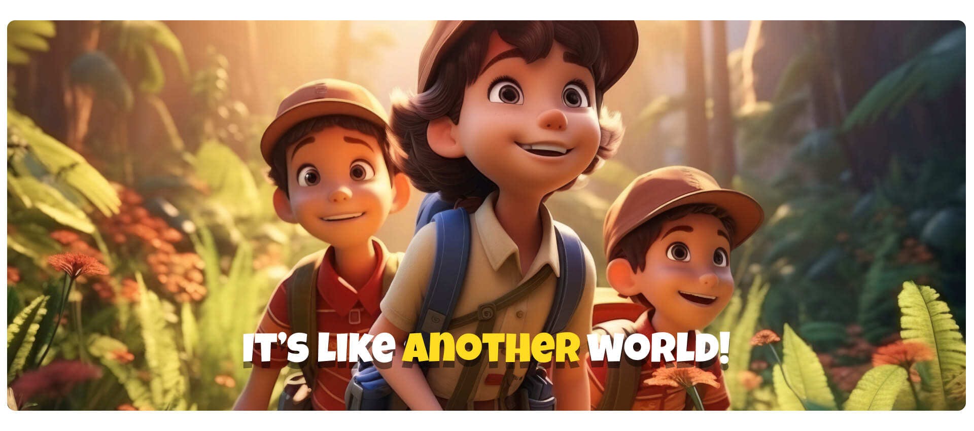 three animated boys in a jungle with subtitles at the bottom
