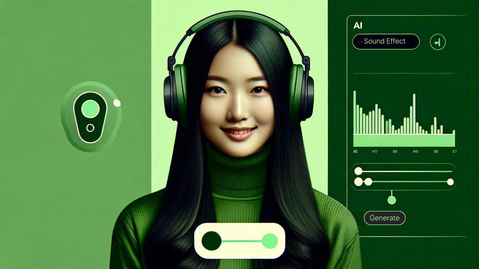 woman with headphones and green background with a snapshot of a sound effect generator on the right