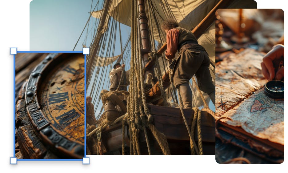 three different size ration images of a pirate ship with crew on board