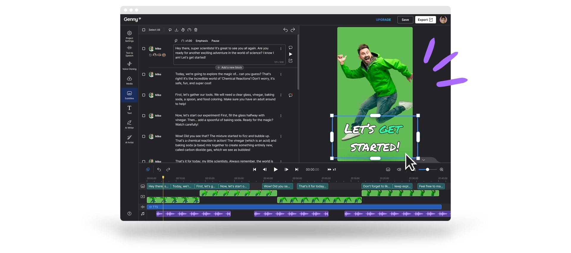 Captura de ecrã da plataforma de edição de vídeo com IA Genny da LOVO AI que mostra as funcionalidades de texto para voz e legendas