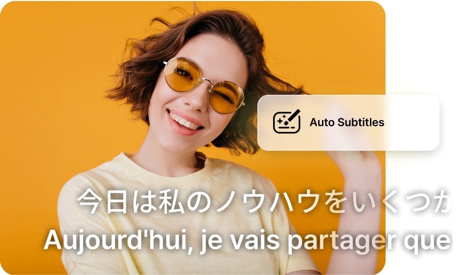 mujer con el pelo rizado y gafas de sol amarillas sonriendo y subtítulos multilingües en la parte inferior de la imagen