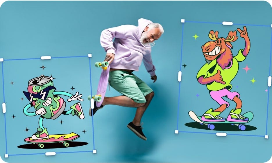 um homem de calções verdes e capuz roxo a saltar com um skate e dois desenhos animados ao seu lado