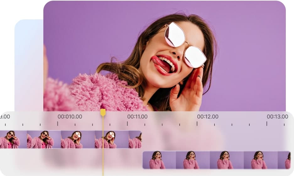 woman wearing a pink fluffy jacket and sunglasses with a video editing timeline shown at the bottom