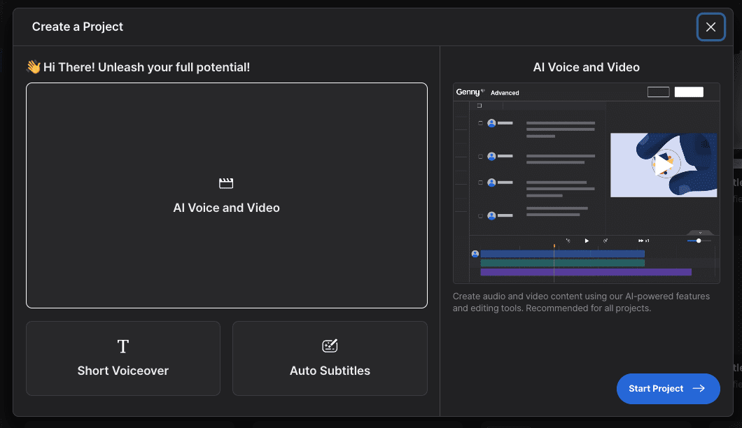 A screenshot showing the new project screen in the AI online video editor Genny