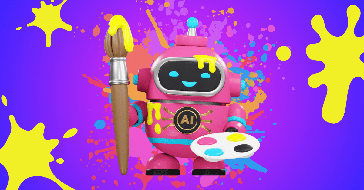 pink robotic AI art generator with color palette and brush