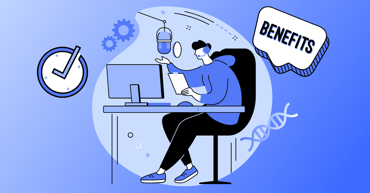 an illustration of a person wearing a blue hoody creating a voice clone at their desk.