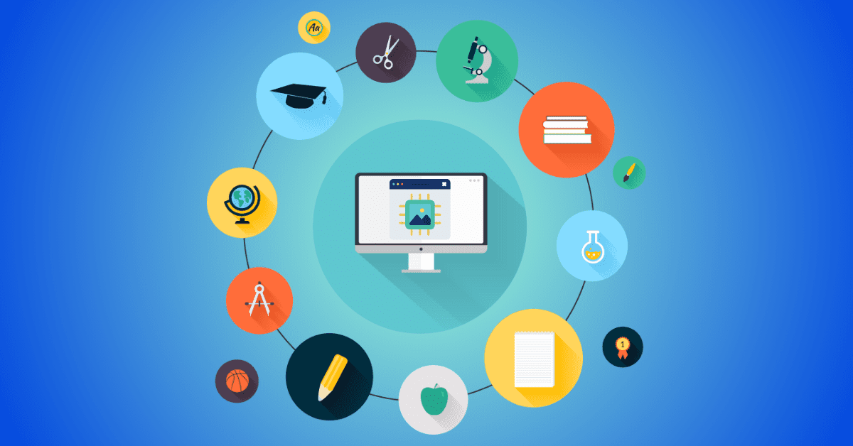 online learning icons floating in a circle around a computer icon
