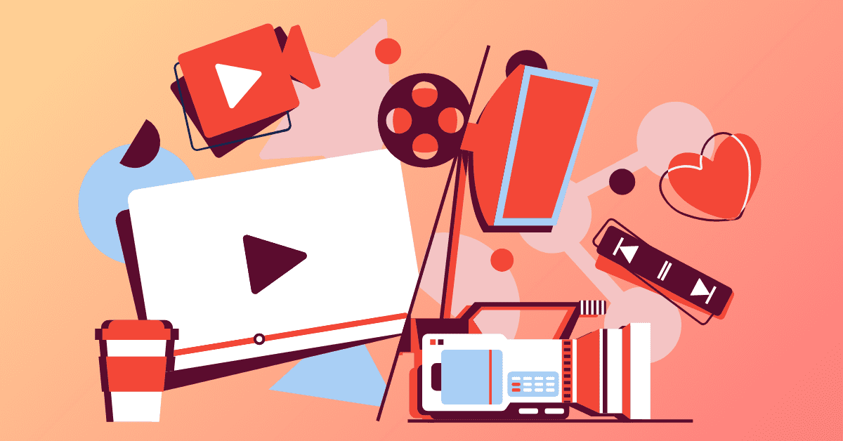 Red YouTube logo and film reels are shown with a red and blue color theme for explainer videos