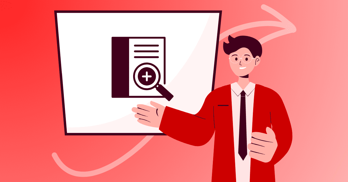 Illustration of a man dressed in red pointing to an explainer video screen