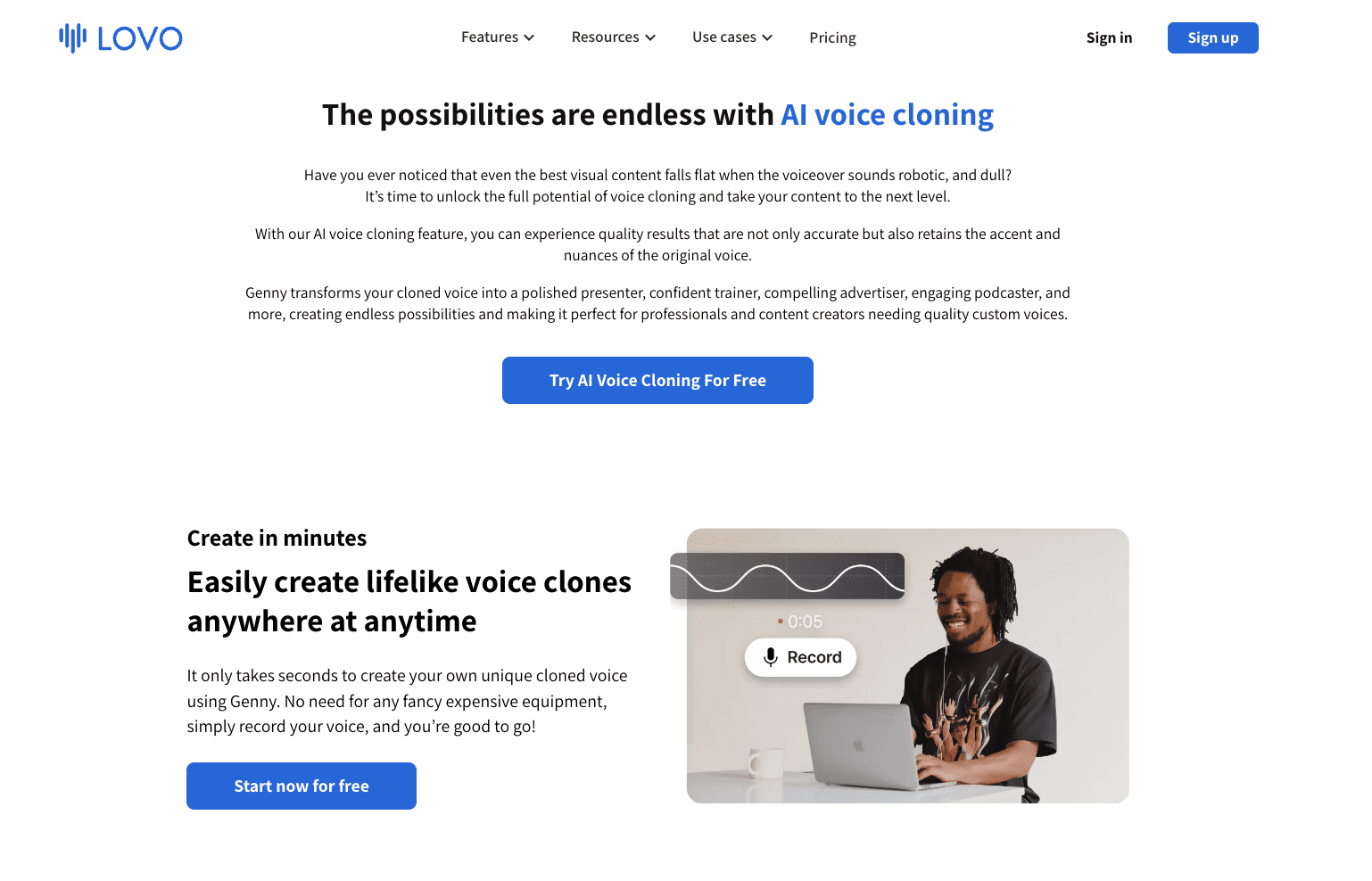 A screenshot of LOVO AI voice cloning feature page