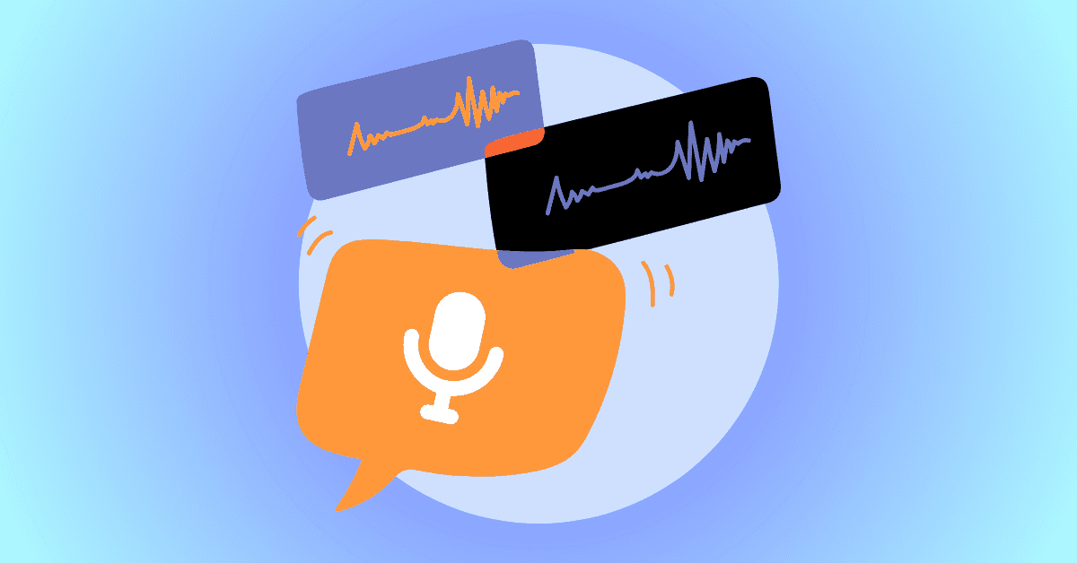 An orange illustrated speech bubble with a microphone with a blue gradient background.