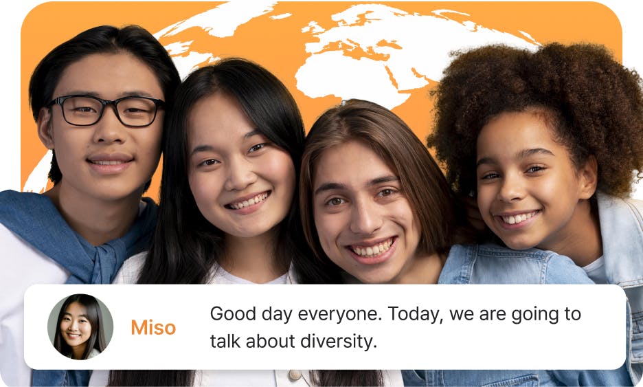 4 young people standing together with an orange background and textblock at the bottom