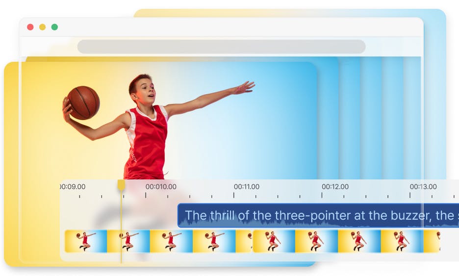 boy playing basketball with a TTS and video timeline on the bottom of the image