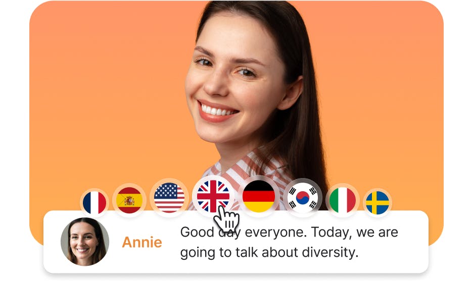 woman with orange background and TTS text with different flags at the bottom