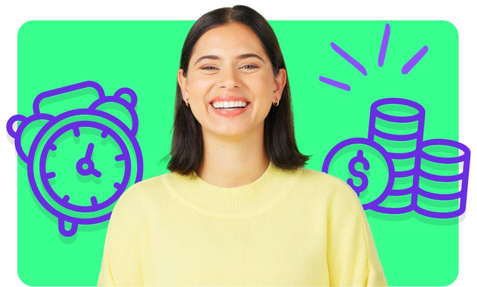 Woman with yellow sweater standing in front of green background