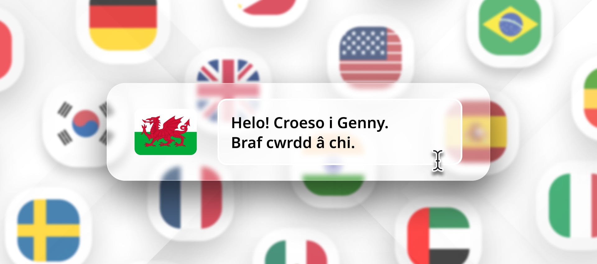 Welsh phrase for Welsh TTS generation with different flags in the background