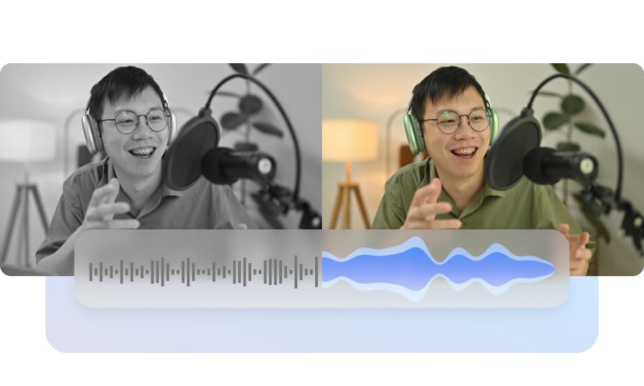 picture of person in front of microphone recording his voice with black and white and colorful background