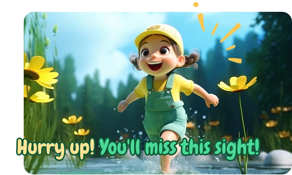 cartoon girl jumping through water with subtitles at the bottom