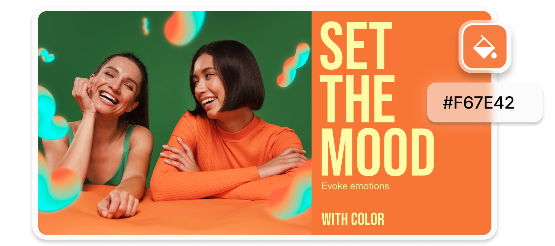 two women smiling with an icon on the right showing the background color code