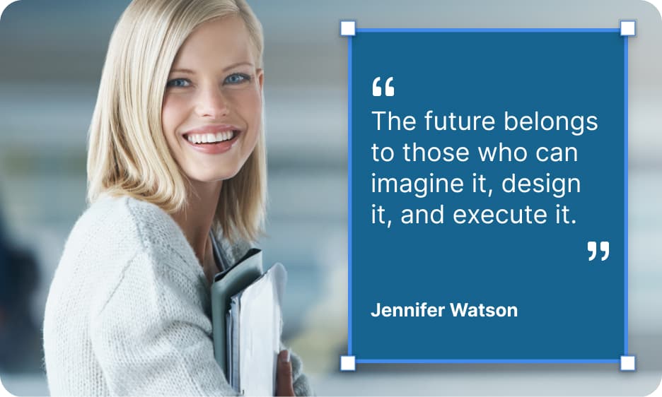 presentation slide of a woman with a text block overlay on the right side