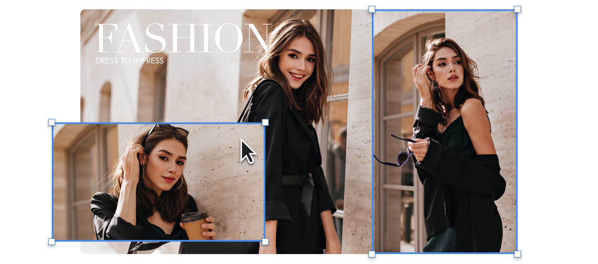 three overlayed images of a woman in different formats