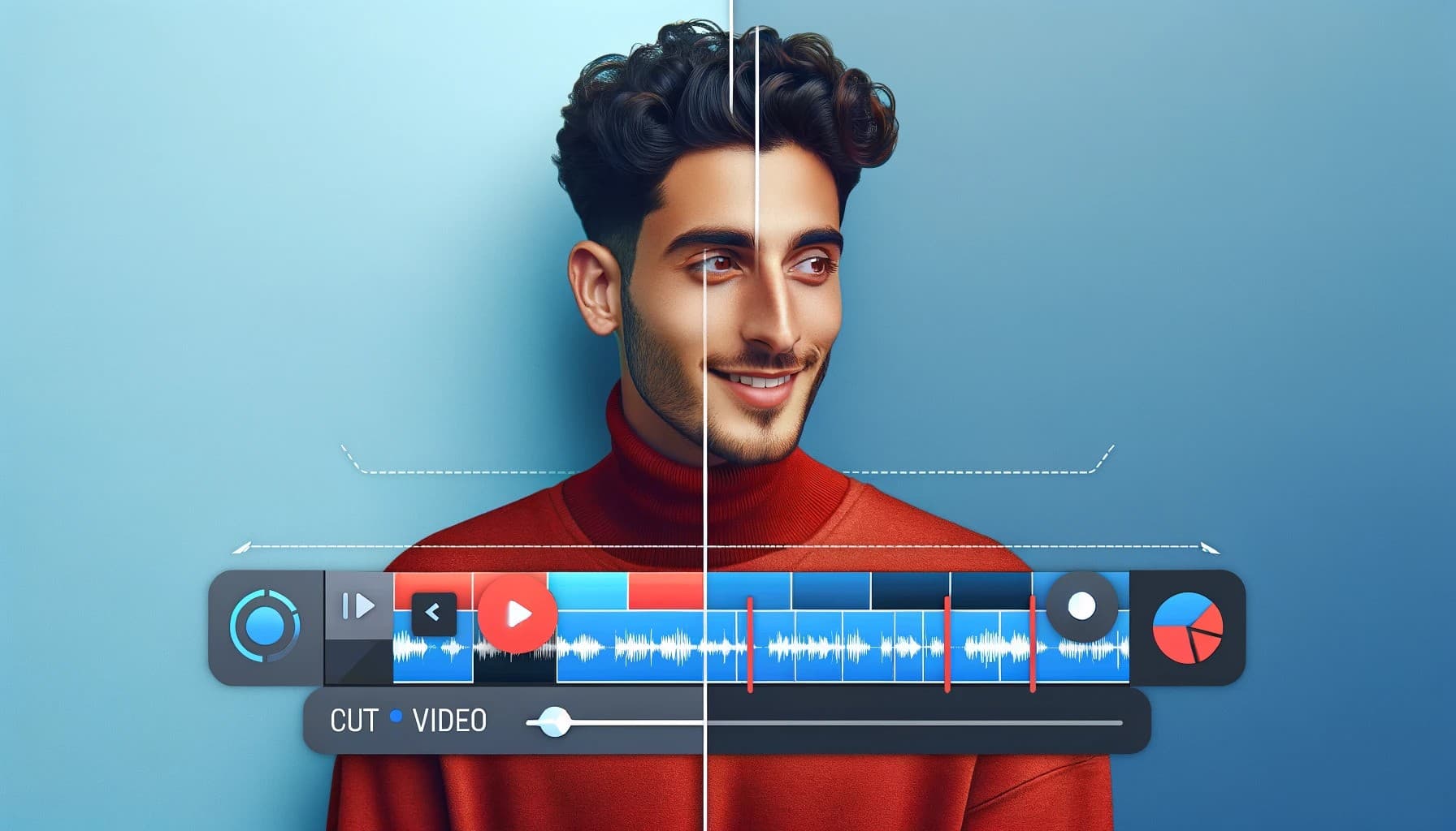guy in red sweatshirt with a video cutting snapshot in front of him