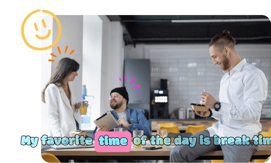 three people sitting together in a big kitchen laughing and talking with colorful subtitles shown at the bottom