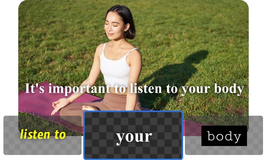 person doing yoga on the grass with video captions shown at the bottom