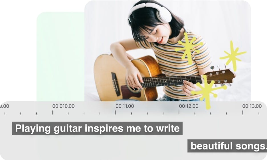 girl with headphones playing guitar with subtitles shown in editor format