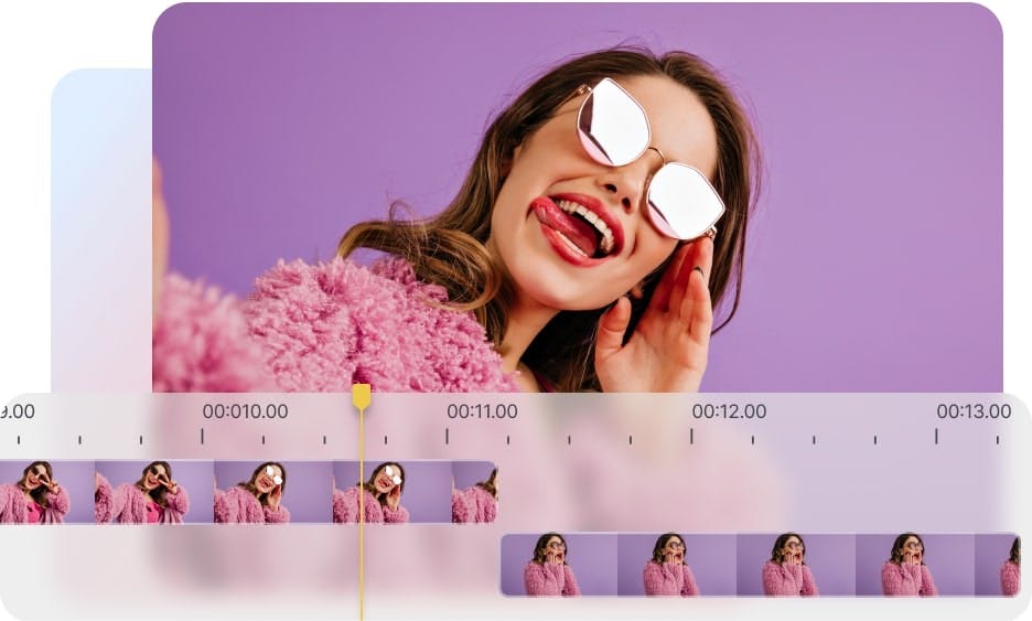 woman wearing a pink fluffy jacket and sunglasses with a video editing timeline shown at the bottom