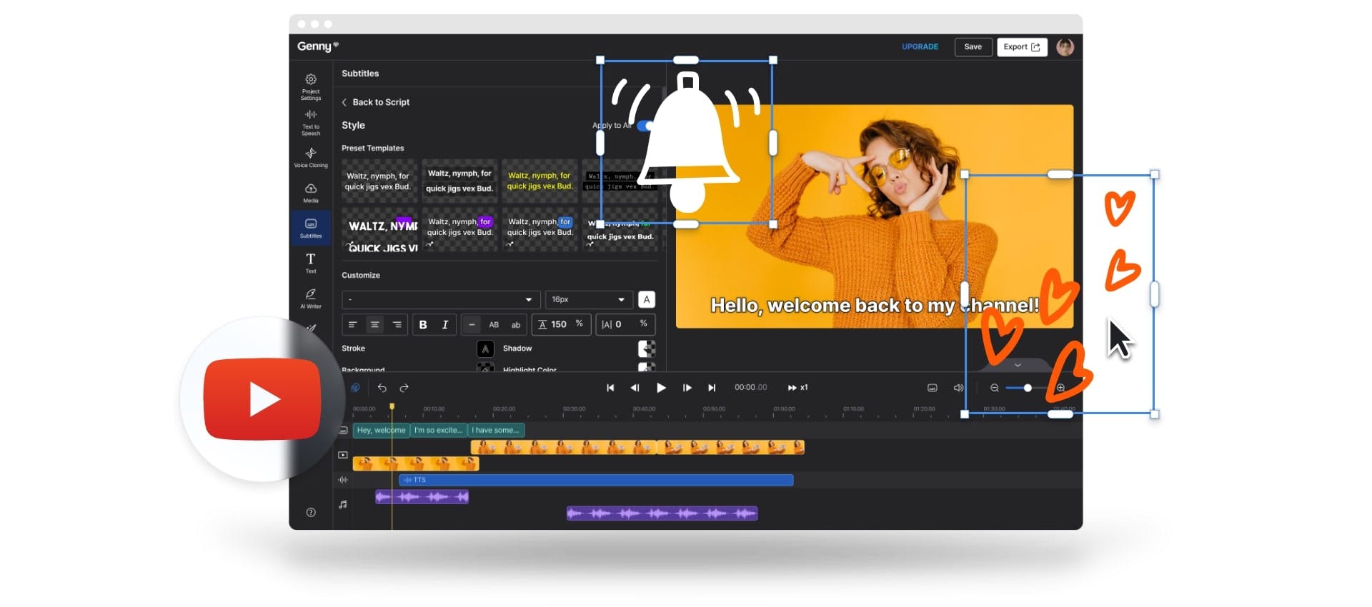 screenshot of YouTube video editing platform Genny by LOVO AI showing timeline editor and subtitle features